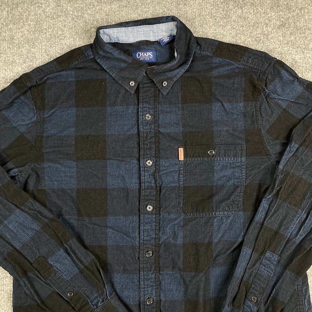 Chaps Button Down Shirt Mens Size L Black Blue Plaid Long Sleeve Casual Flannel